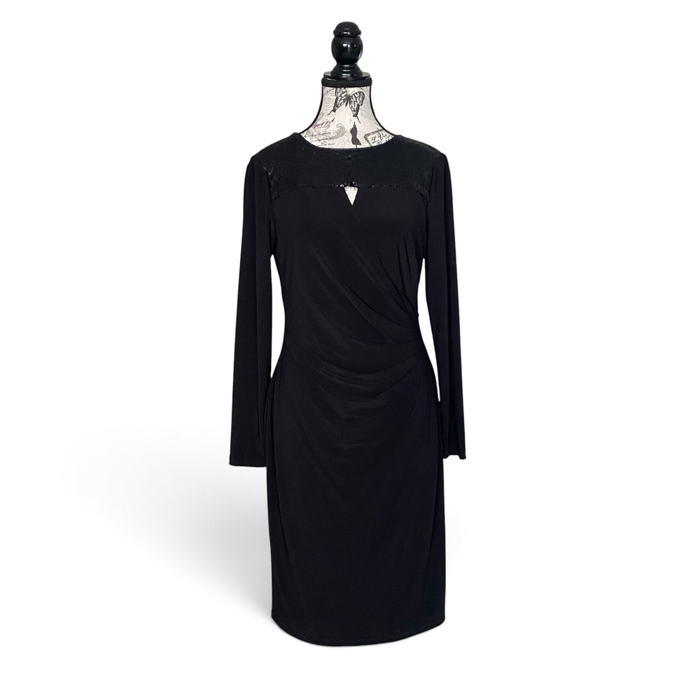 Lauren Ralph Lauren Sheath Dress Womens 6 Black Sequin Yoke Ruched Cocktail LBD